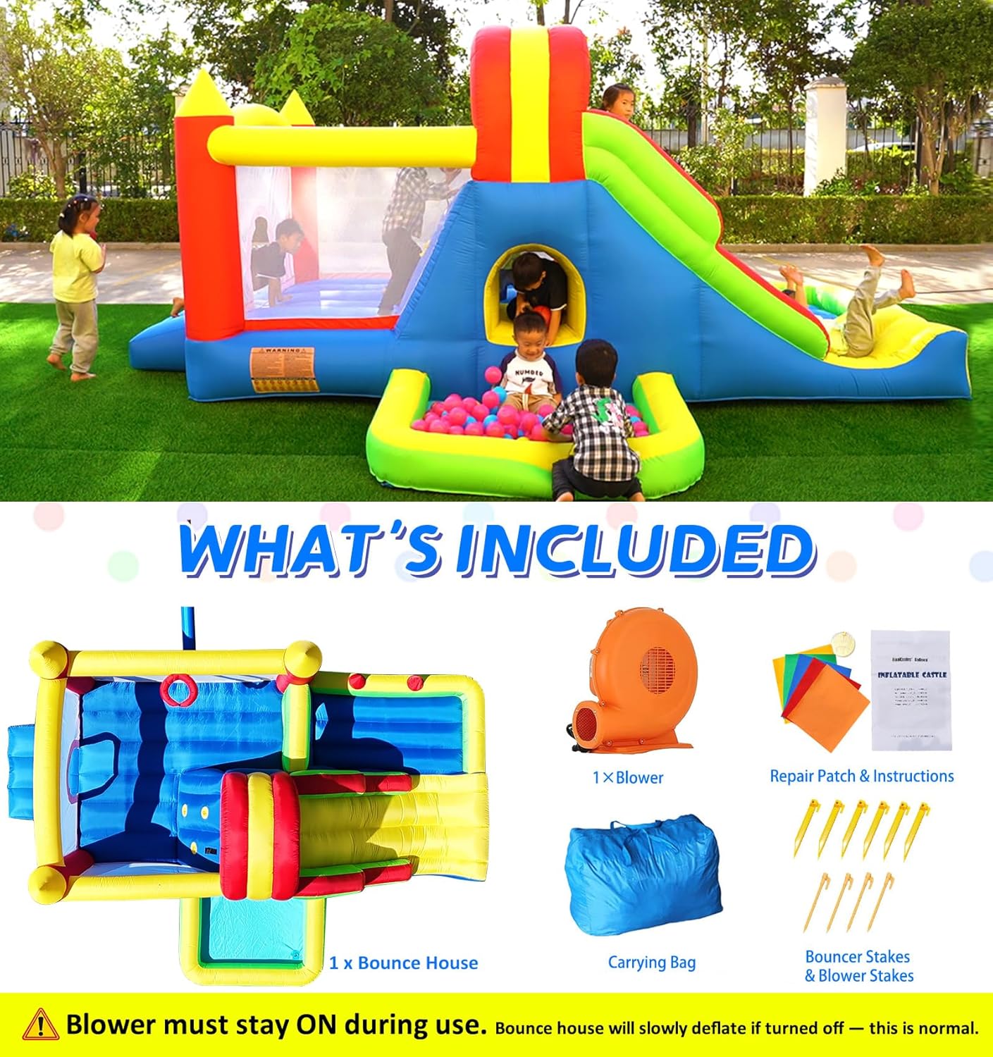 Large inflatable bounce house with tall blue slide, climbing wall, water pool, and colorful ball pit for backyard play — view 4