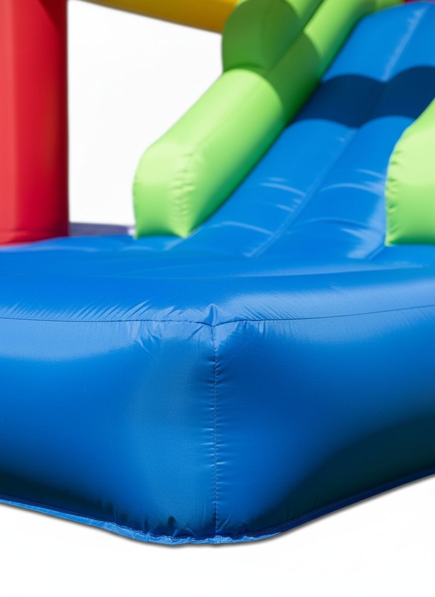 Large inflatable bounce house with tall blue slide, climbing wall, water pool, and colorful ball pit for backyard play — view 4