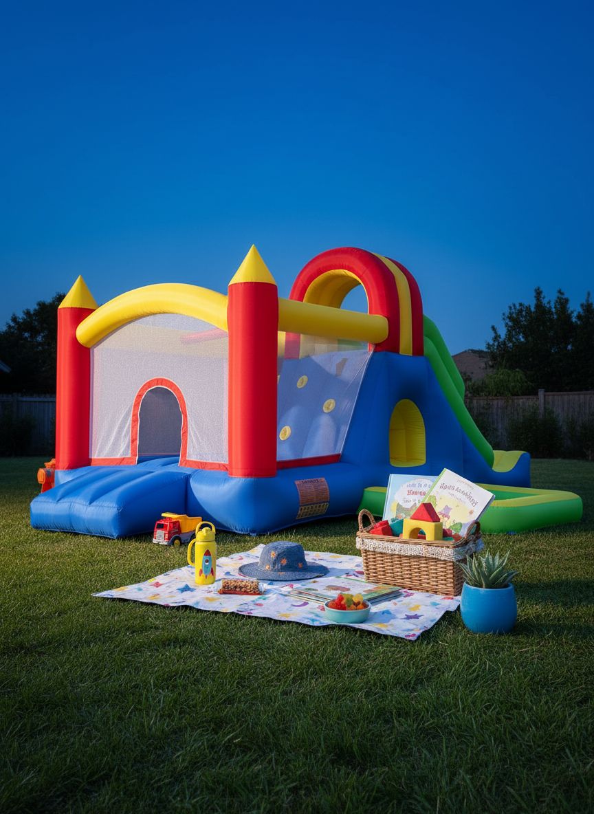 Large inflatable bounce house with tall blue slide, climbing wall, water pool, and colorful ball pit for backyard play — view 5a