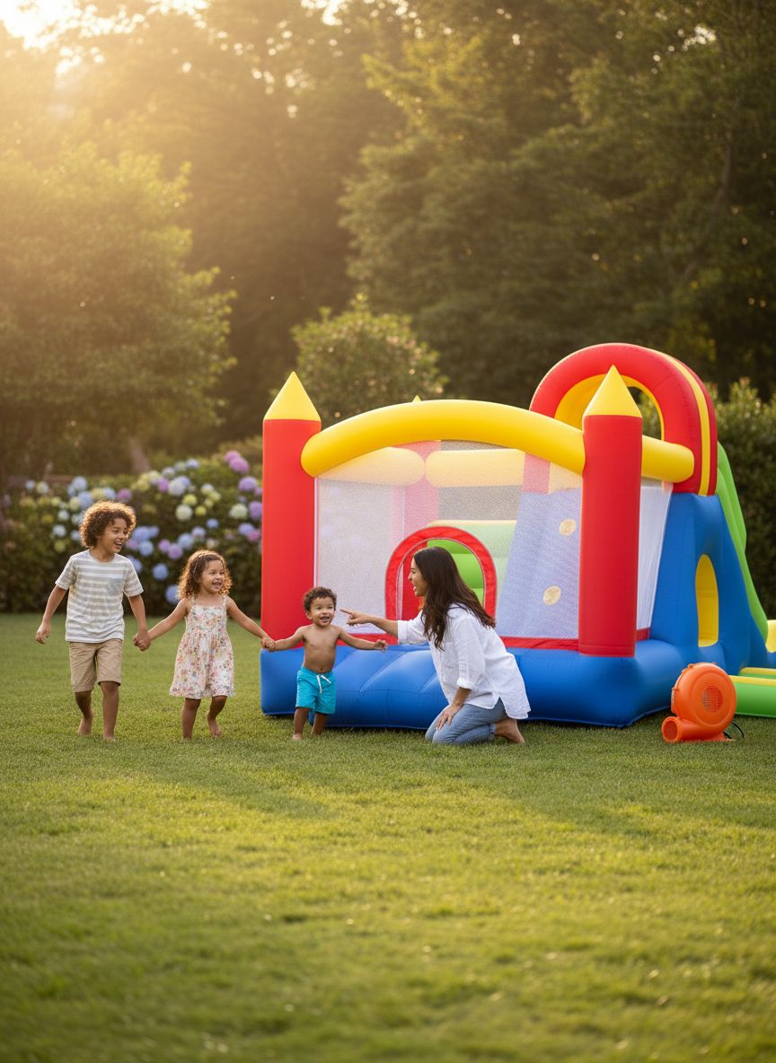 Large inflatable bounce house with tall blue slide, climbing wall, water pool, and colorful ball pit for backyard play — view 6