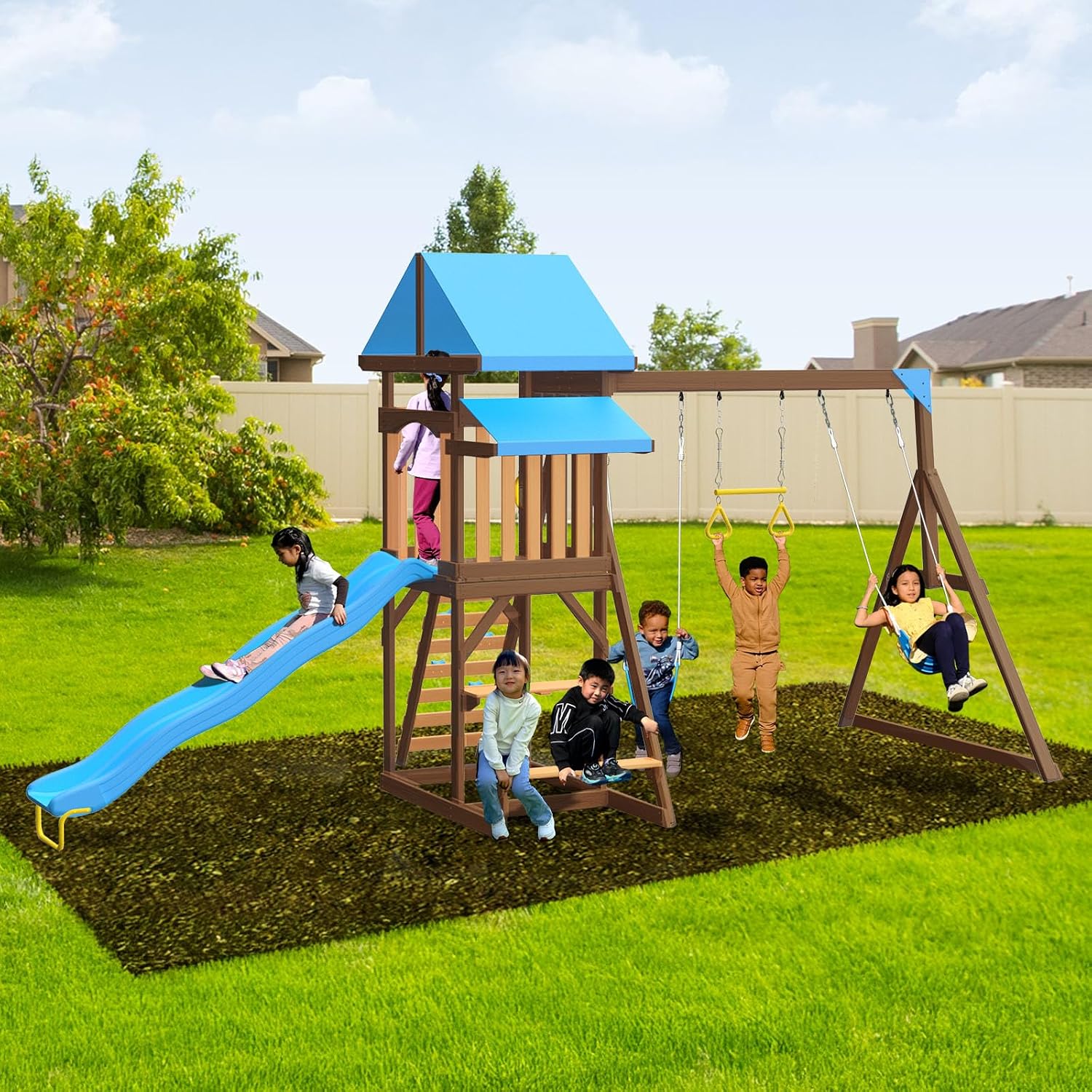 Cedar wooden swing set with 8-foot slide, dual adjustable swings, trapeze bar, rock climbing wall, sandbox, and picnic table for outdoor play — view 1