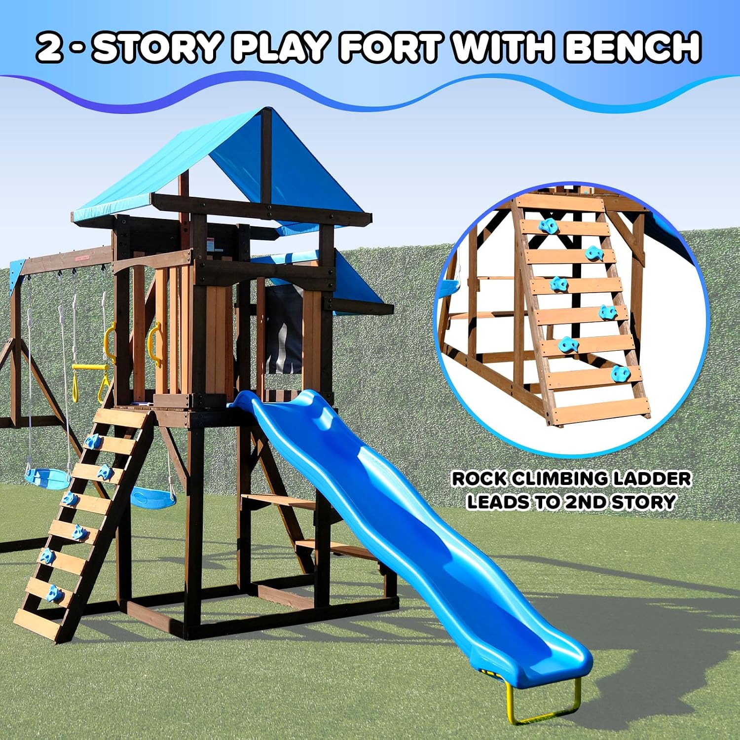 Cedar wooden swing set with 8-foot slide, dual adjustable swings, trapeze bar, rock climbing wall, sandbox, and picnic table for outdoor play — view 2