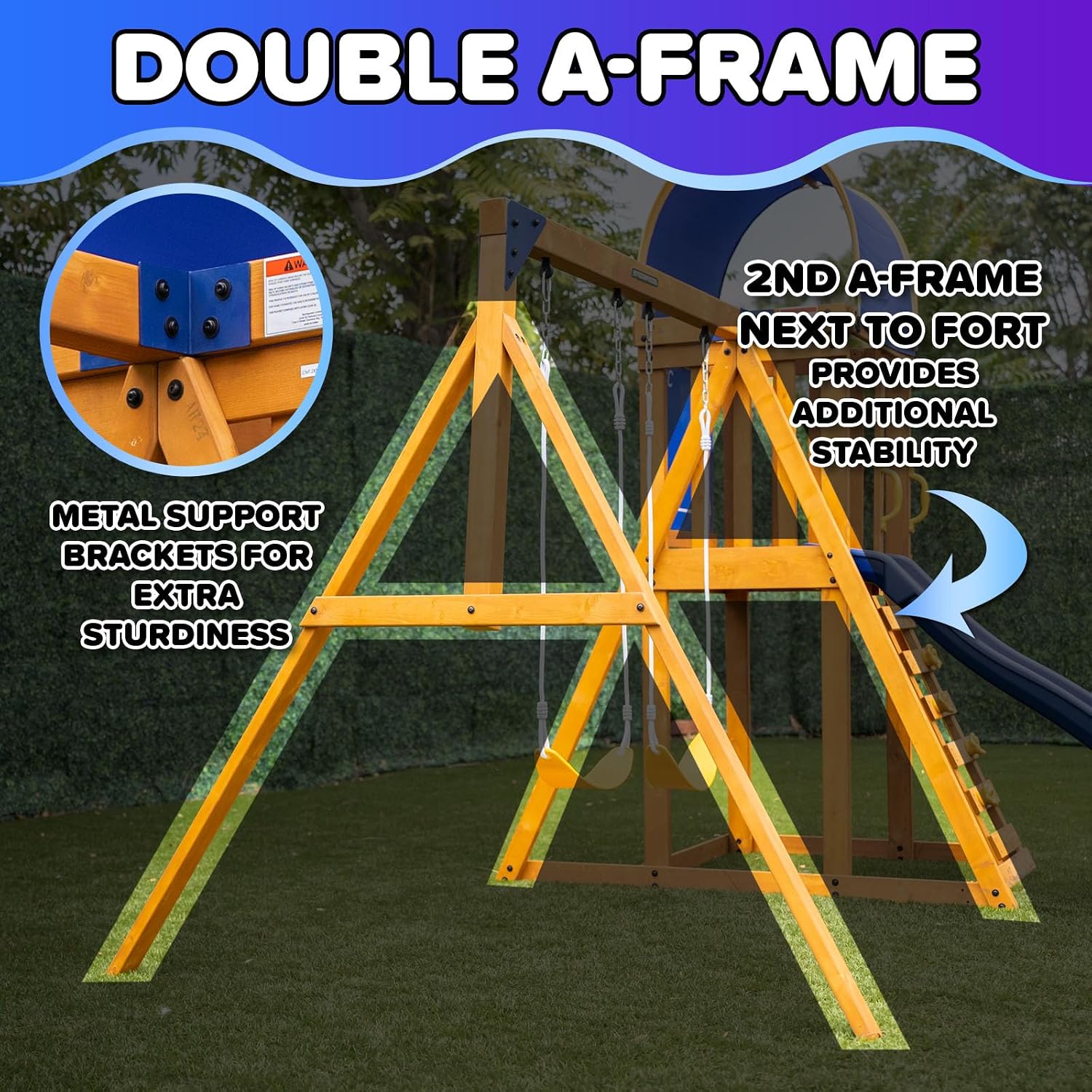 Cedar wooden swing set with 8-foot slide, dual adjustable swings, trapeze bar, rock climbing wall, sandbox, and picnic table for outdoor play — view 3