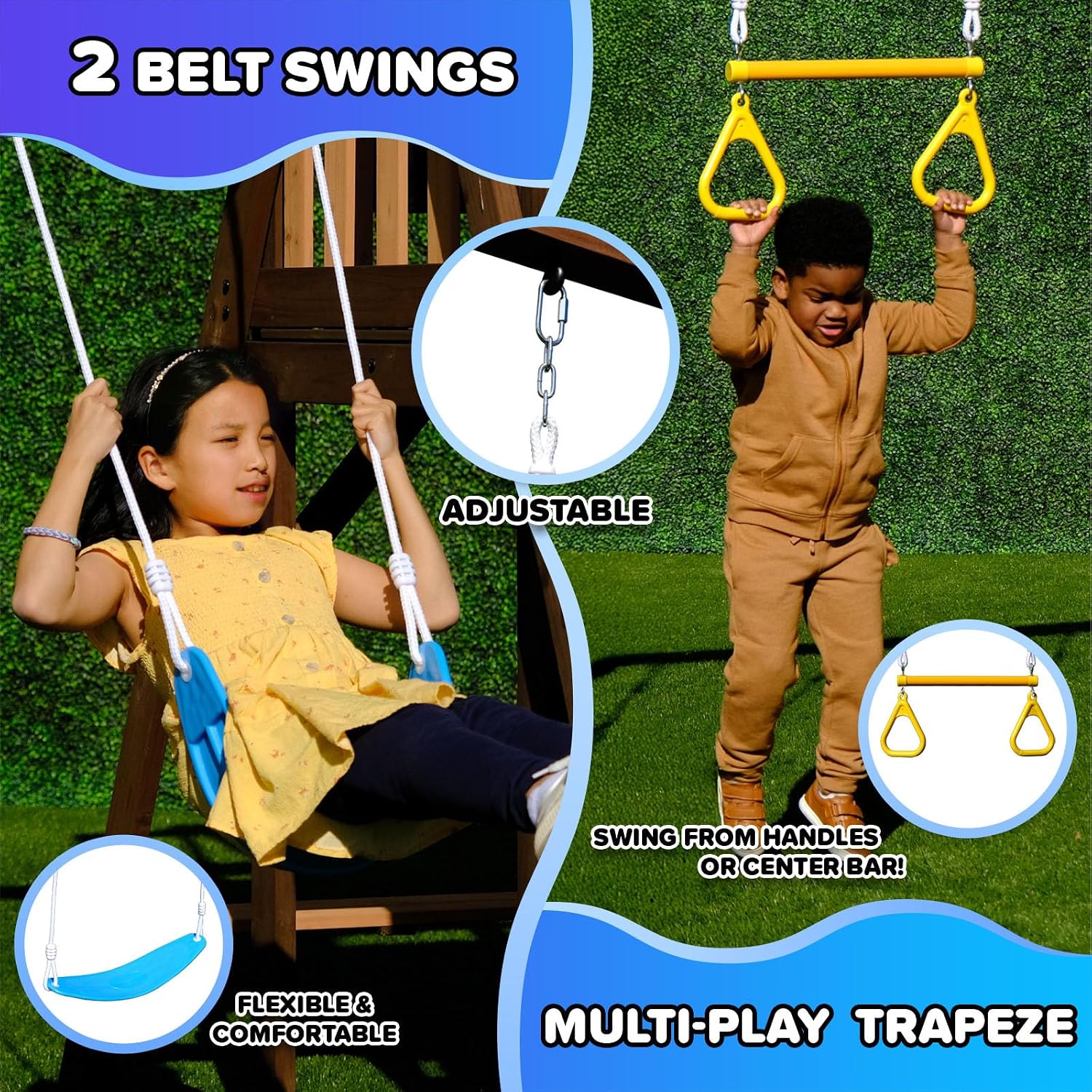 Cedar wooden swing set with 8-foot slide, dual adjustable swings, trapeze bar, rock climbing wall, sandbox, and picnic table for outdoor play — view 2