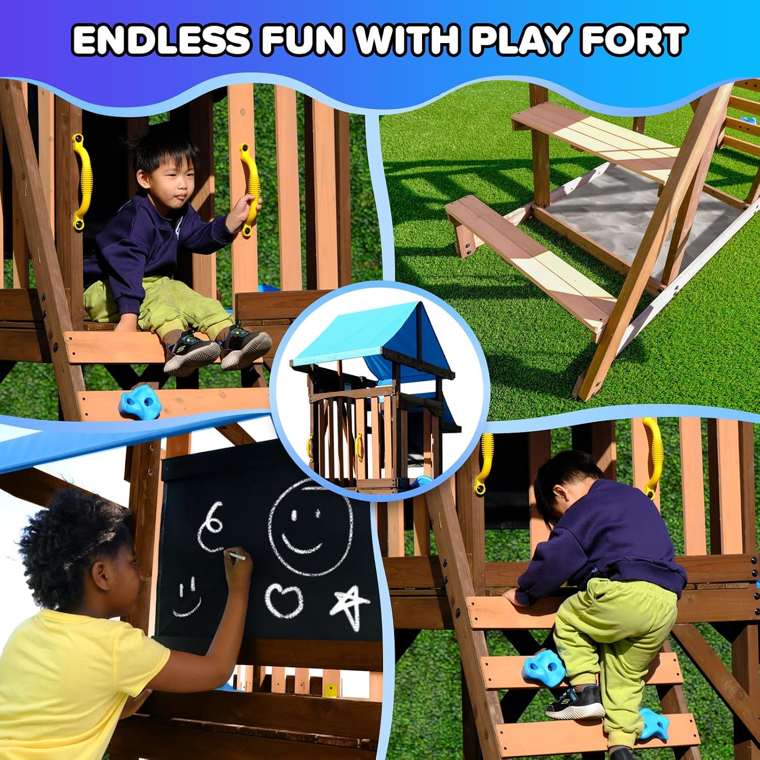 Cedar wooden swing set with 8-foot slide, dual adjustable swings, trapeze bar, rock climbing wall, sandbox, and picnic table for outdoor play — view 3