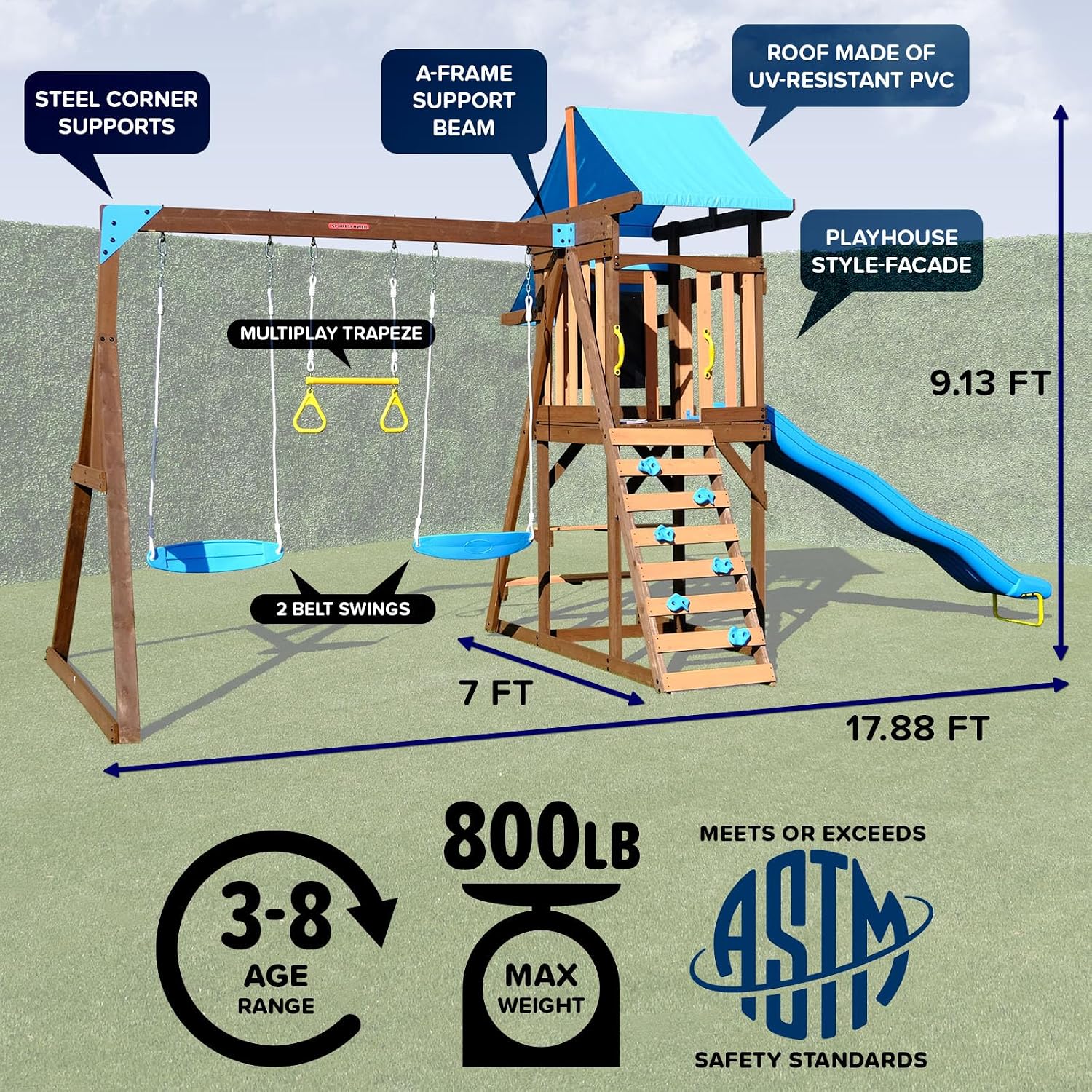 Cedar wooden swing set with 8-foot slide, dual adjustable swings, trapeze bar, rock climbing wall, sandbox, and picnic table for outdoor play — view 5