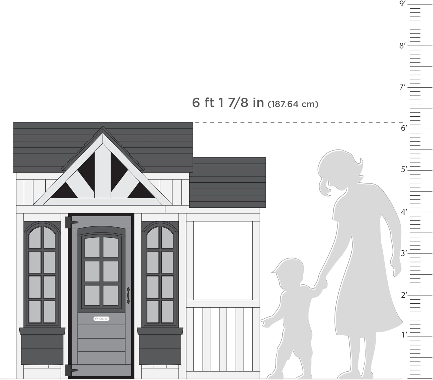 White wooden playhouse with secret door, chalkboard panels, and built-in grill for pretend play — view 1