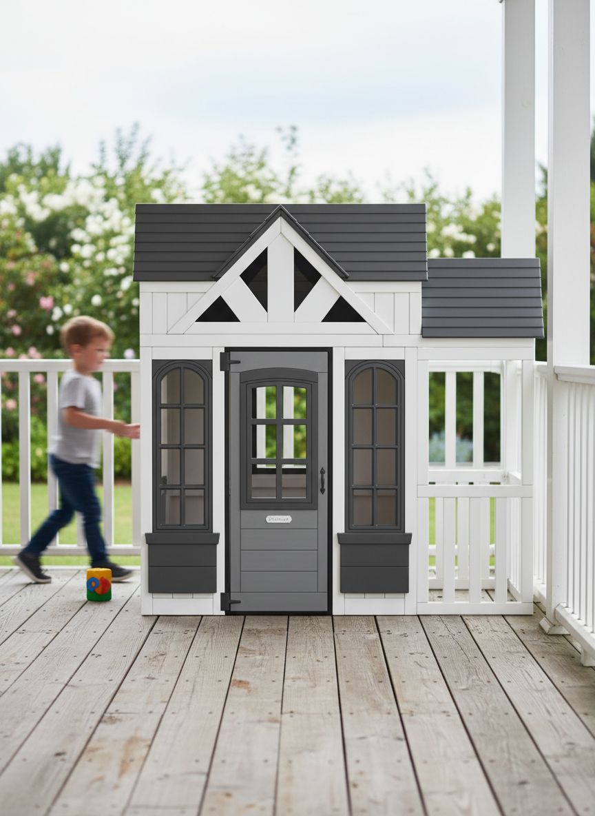 White wooden playhouse with secret door, chalkboard panels, and built-in grill for pretend play — view 3a