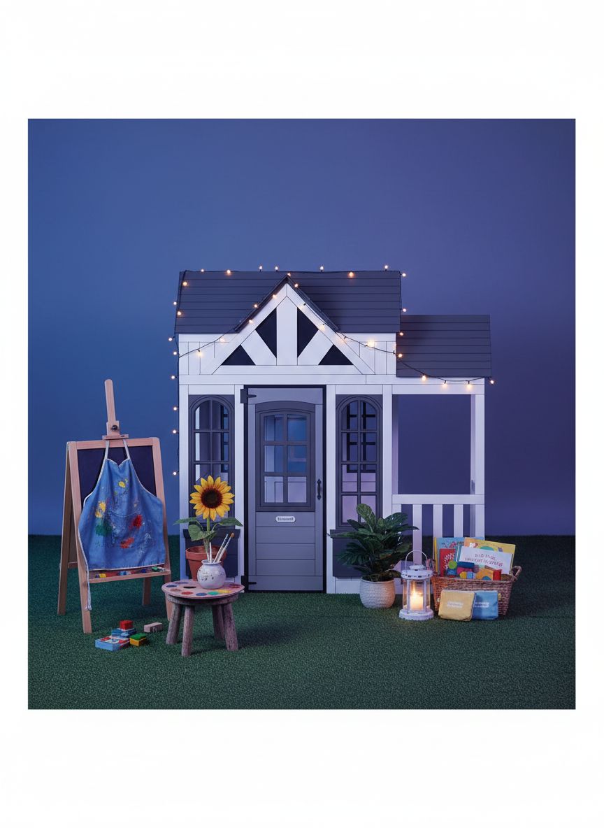 White wooden playhouse with secret door, chalkboard panels, and built-in grill for pretend play — view 5a