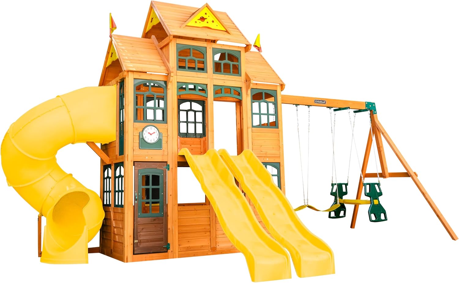 Wooden outdoor swing set with three slides, climbing wall, glider, and integrated play kitchen with cafe window for preschoolers — view 1