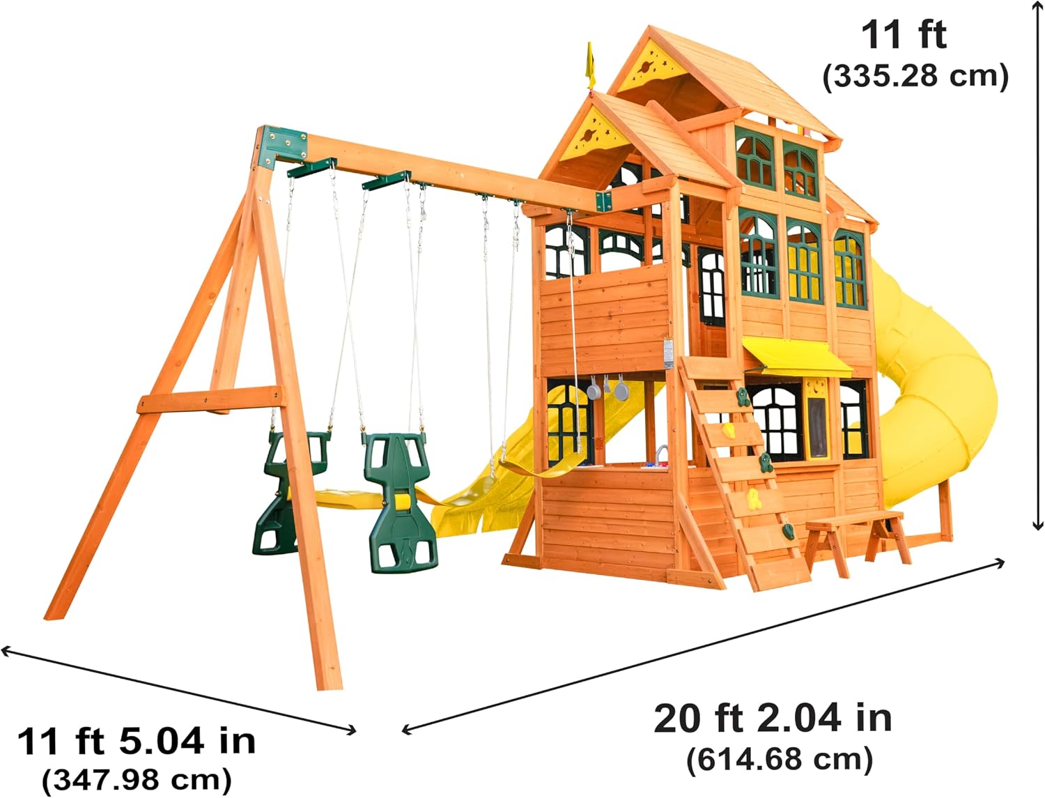 Wooden outdoor swing set with three slides, climbing wall, glider, and integrated play kitchen with cafe window for preschoolers — view 3