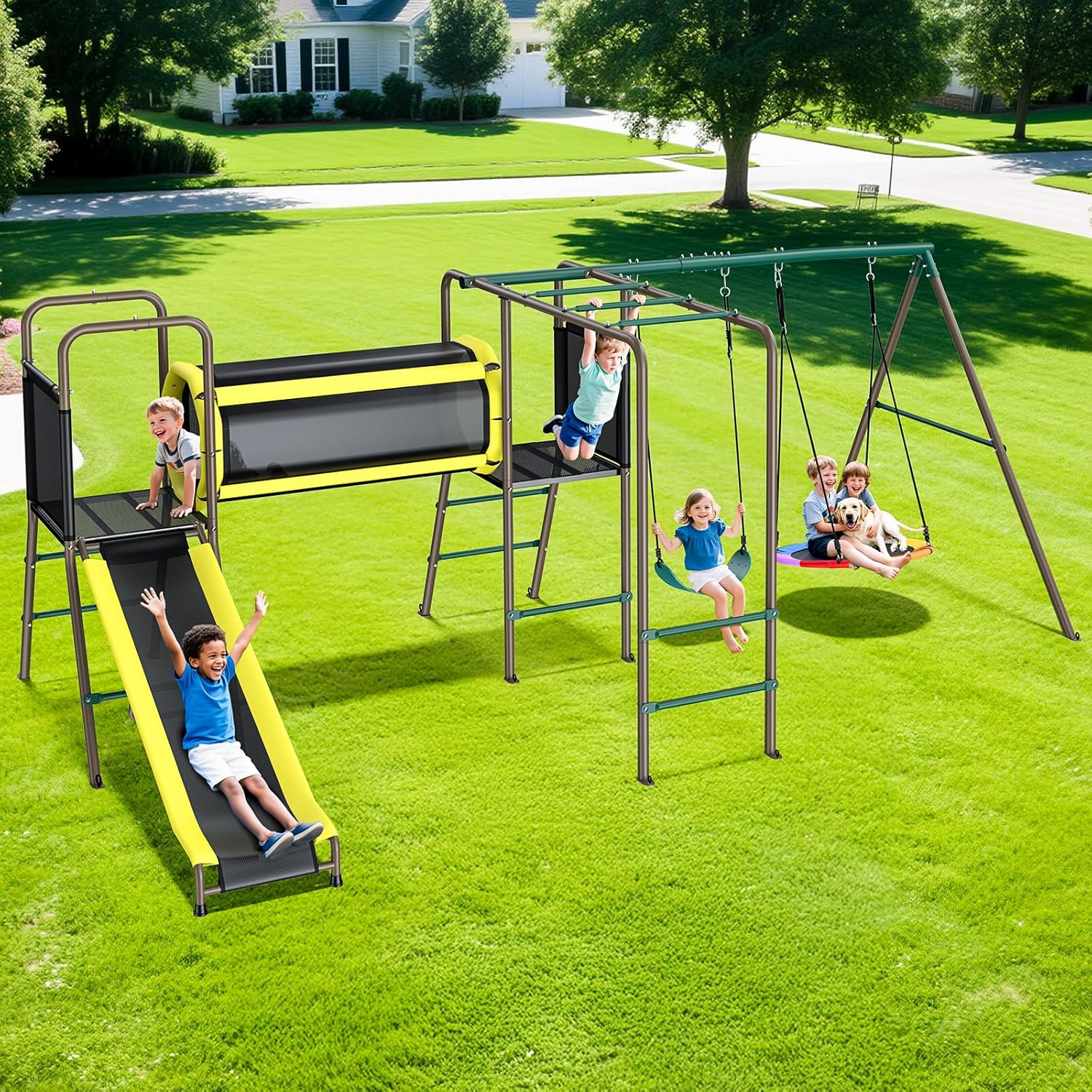 Metal swing set with attached slide, monkey bars, and crawl tunnel in silver finish for backyard play โ view 1
