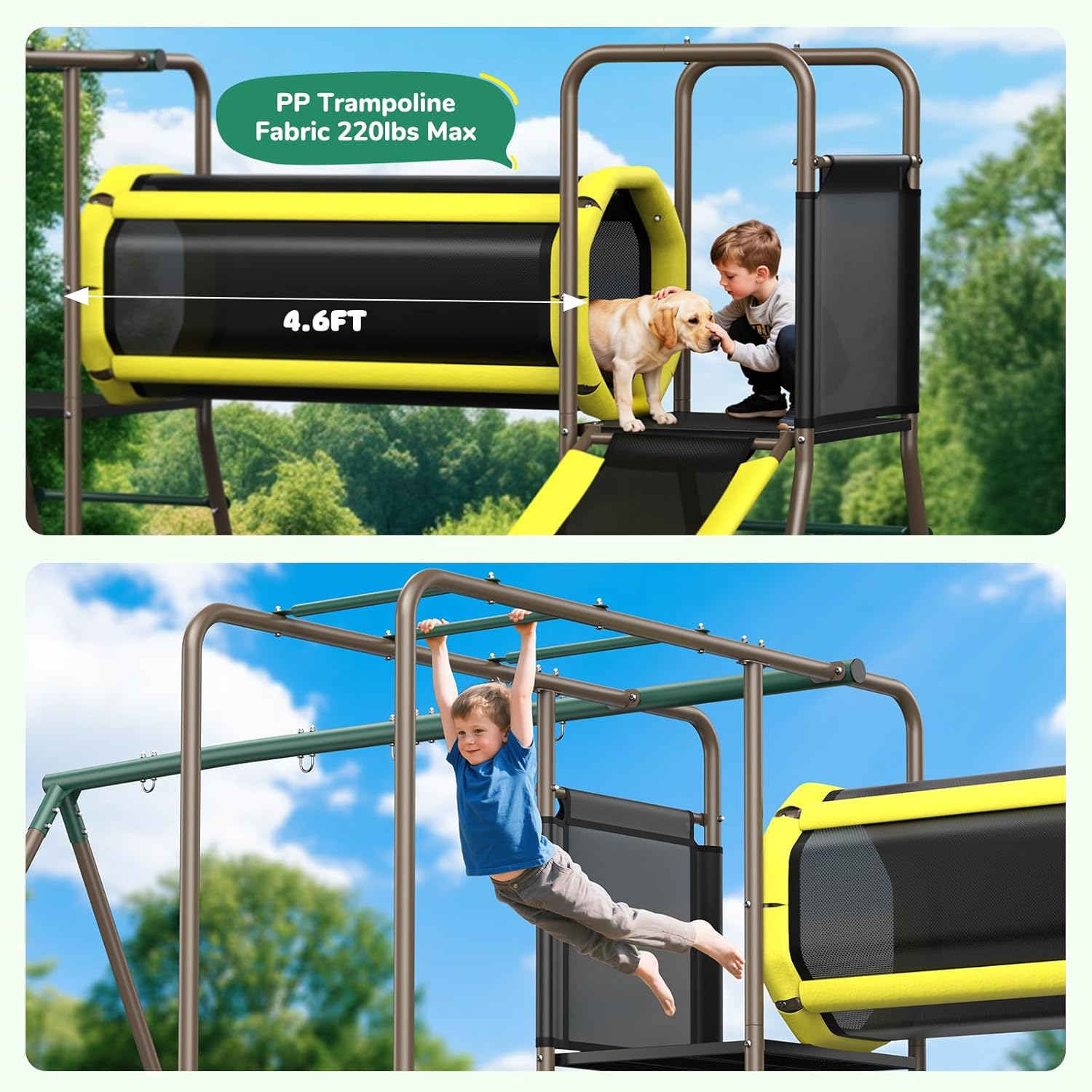 Metal swing set with attached slide, monkey bars, and crawl tunnel in silver finish for backyard play โ view 2