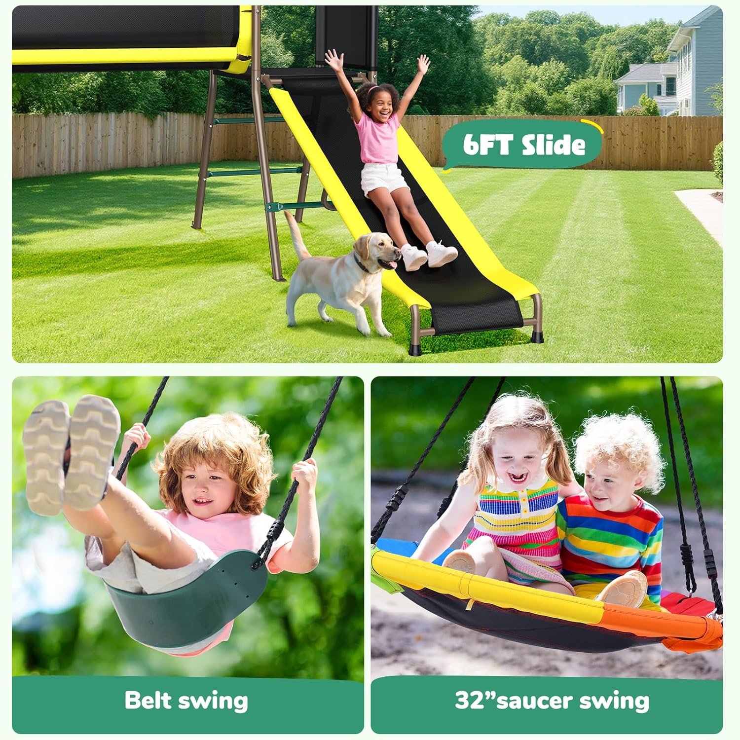 Metal swing set with attached slide, monkey bars, and crawl tunnel in silver finish for backyard play โ view 3