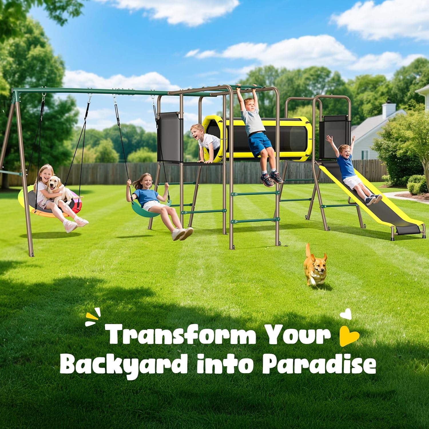 Metal swing set with attached slide, monkey bars, and crawl tunnel in silver finish for backyard play โ view 3