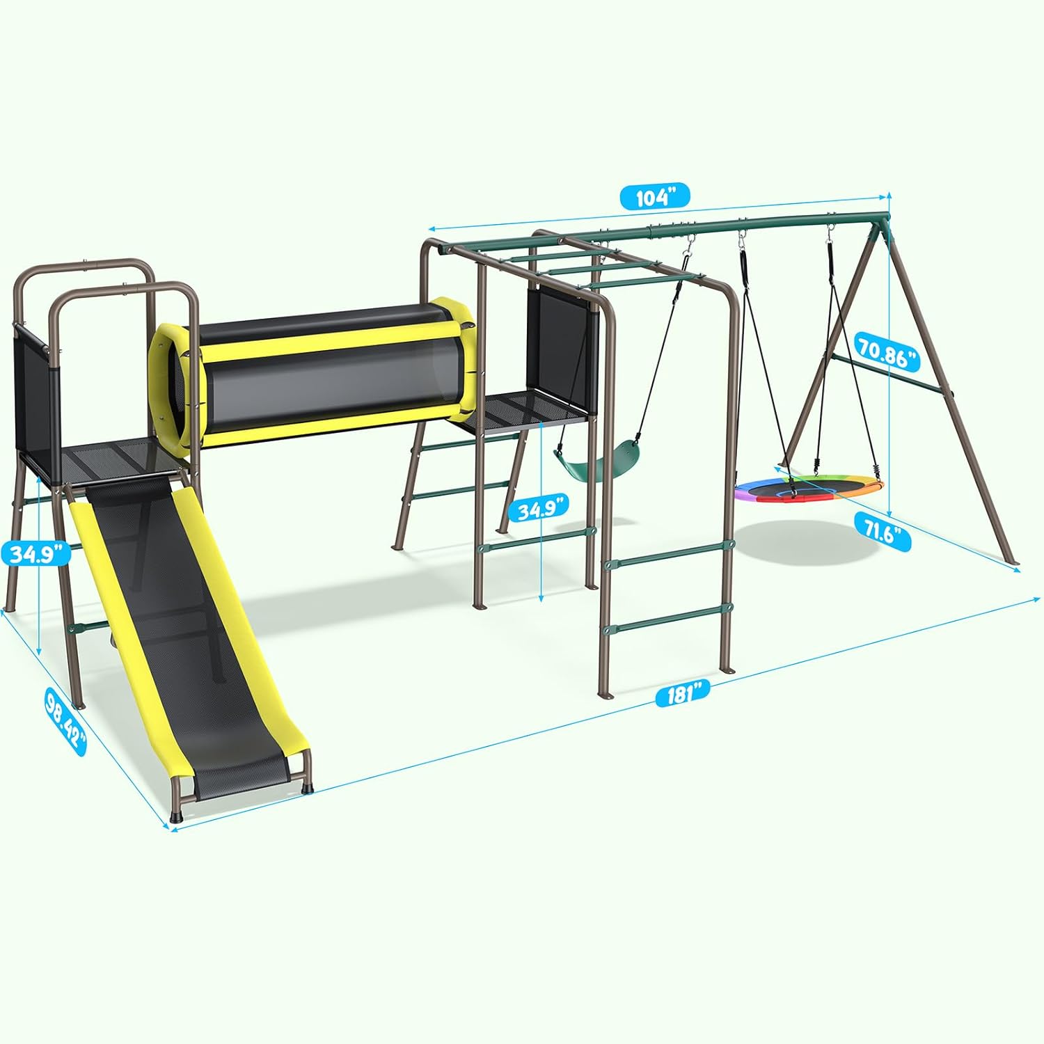 Metal swing set with attached slide, monkey bars, and crawl tunnel in silver finish for backyard play โ view 4