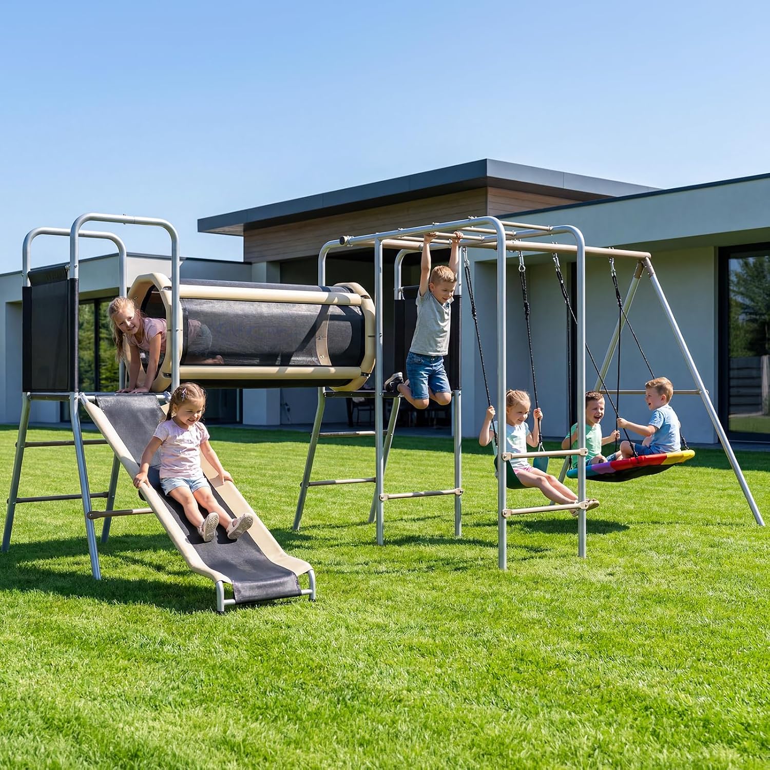 Metal swing set with attached slide, monkey bars, and crawl tunnel in silver finish for backyard play โ view 5