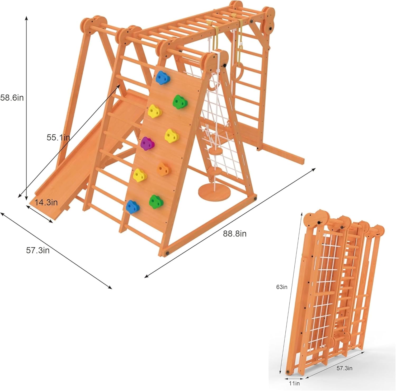 Natural wood 8-in-1 playset with slide, monkey bars, two swings, rock climbing wall, and gym rings for toddlers — side