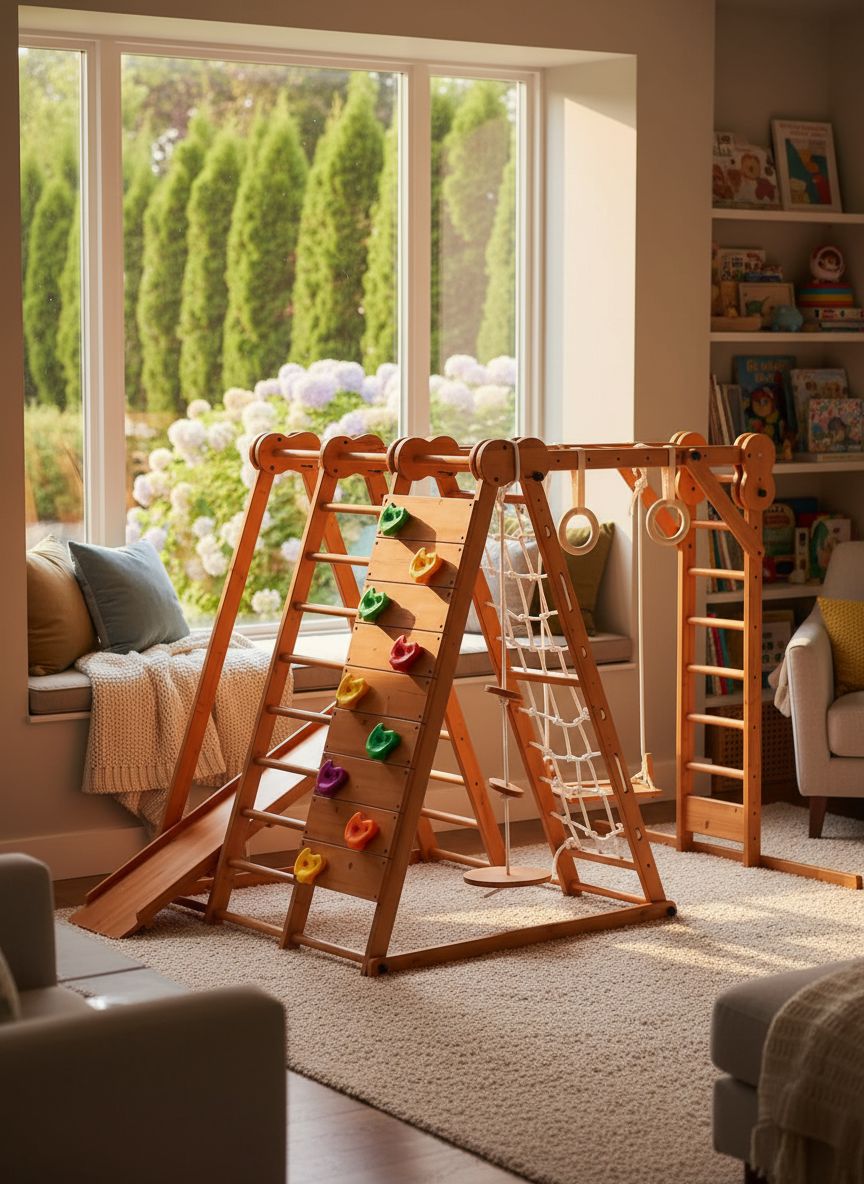 Natural wood 8-in-1 playset with slide, monkey bars, two swings, rock climbing wall, and gym rings for toddlers — view 1