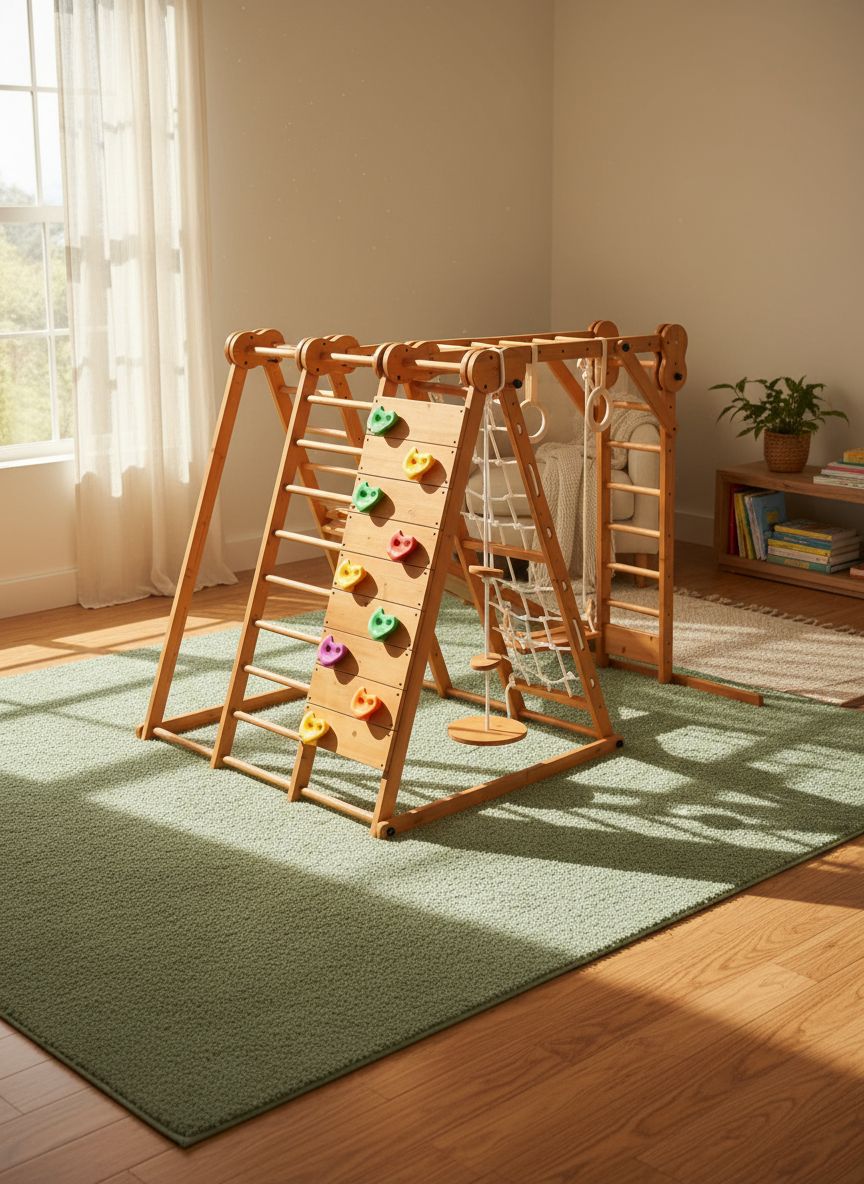 Natural wood 8-in-1 playset with slide, monkey bars, two swings, rock climbing wall, and gym rings for toddlers — view 3a