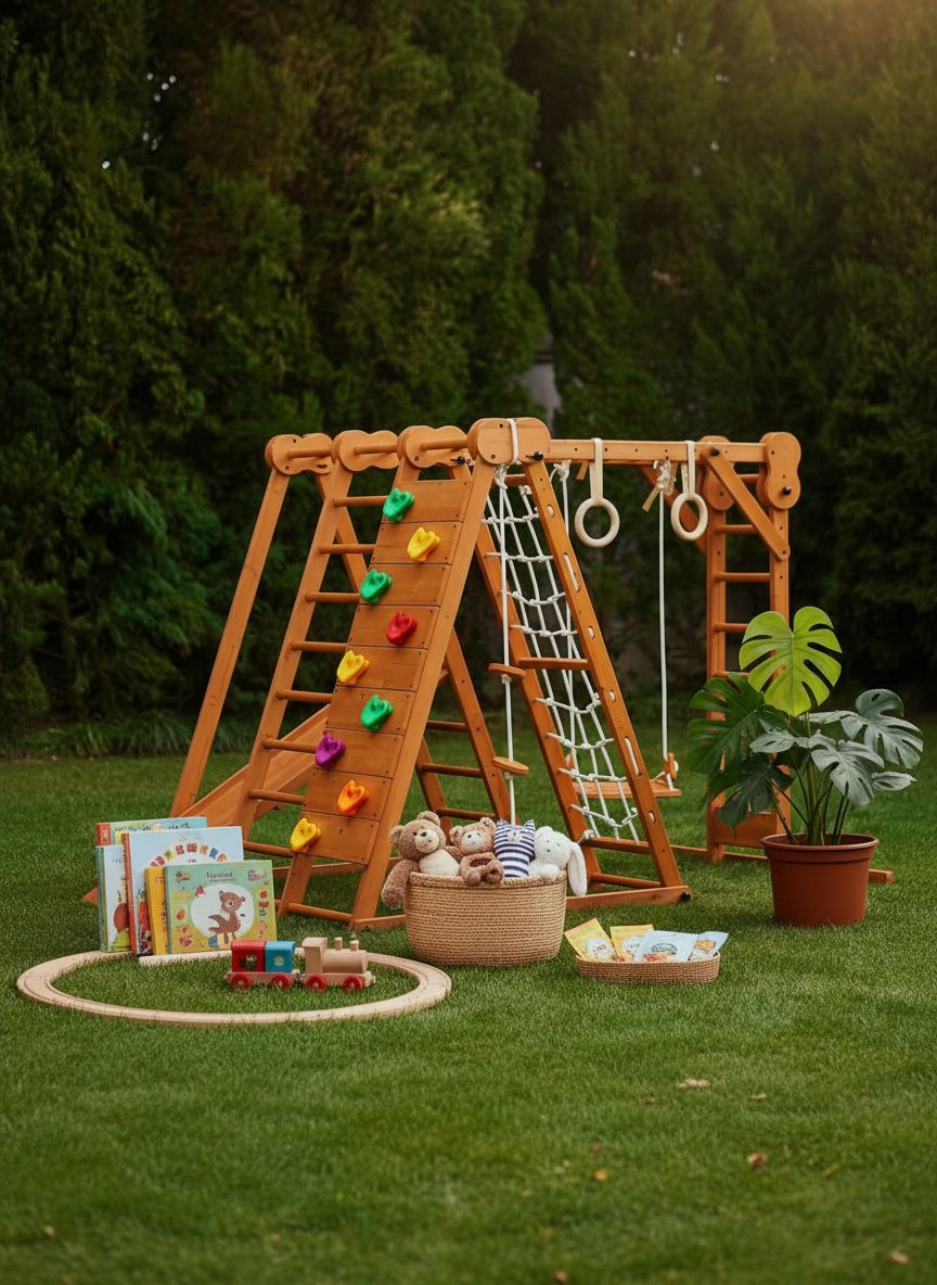 Natural wood 8-in-1 playset with slide, monkey bars, two swings, rock climbing wall, and gym rings for toddlers — view 4