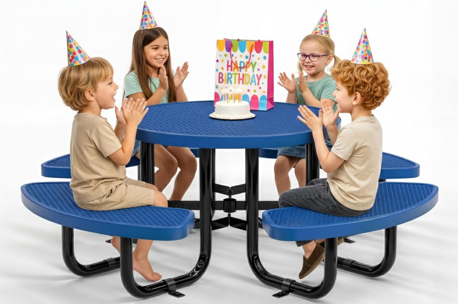 Blue round metal picnic table for kids with umbrella hole and adjustable seating — view 1