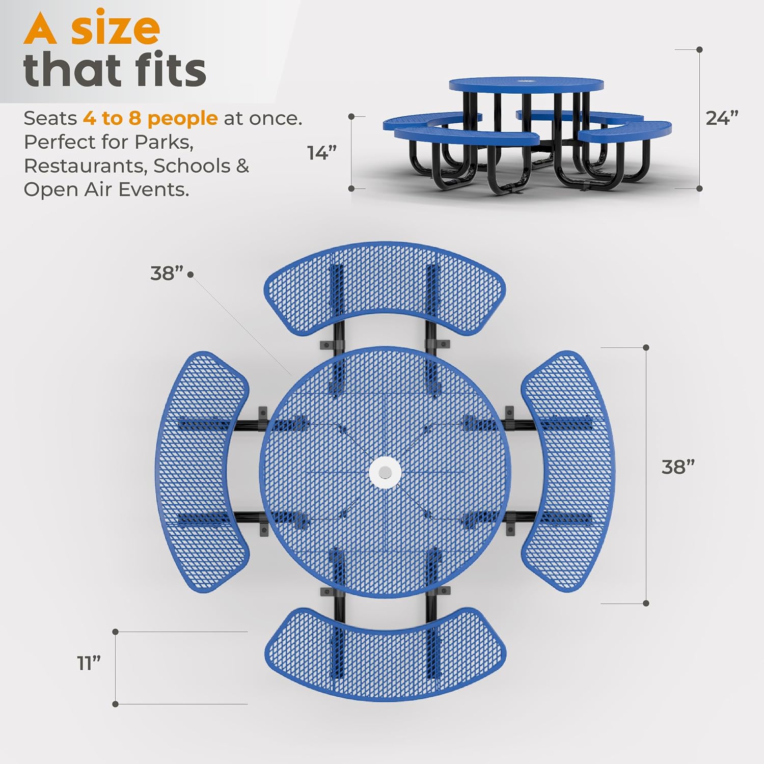 Blue round metal picnic table for kids with umbrella hole and adjustable seating — view 2