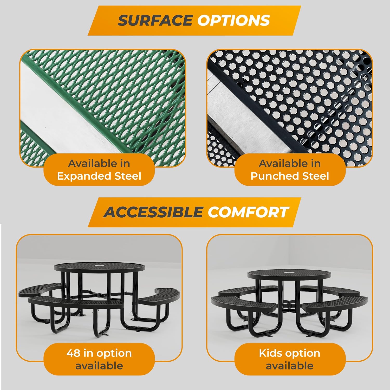 Blue round metal picnic table for kids with umbrella hole and adjustable seating — view 3