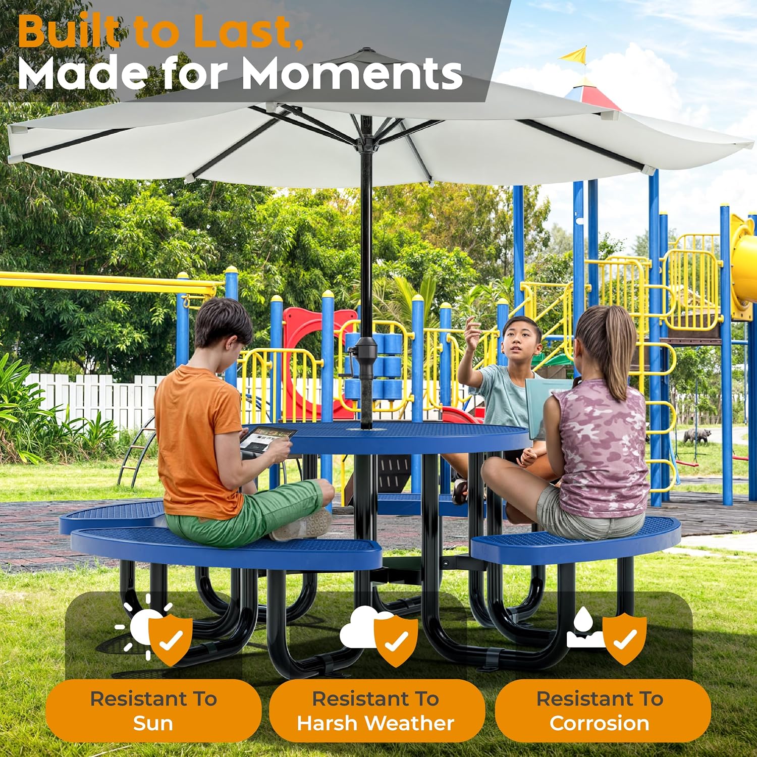 Blue round metal picnic table for kids with umbrella hole and adjustable seating — view 2