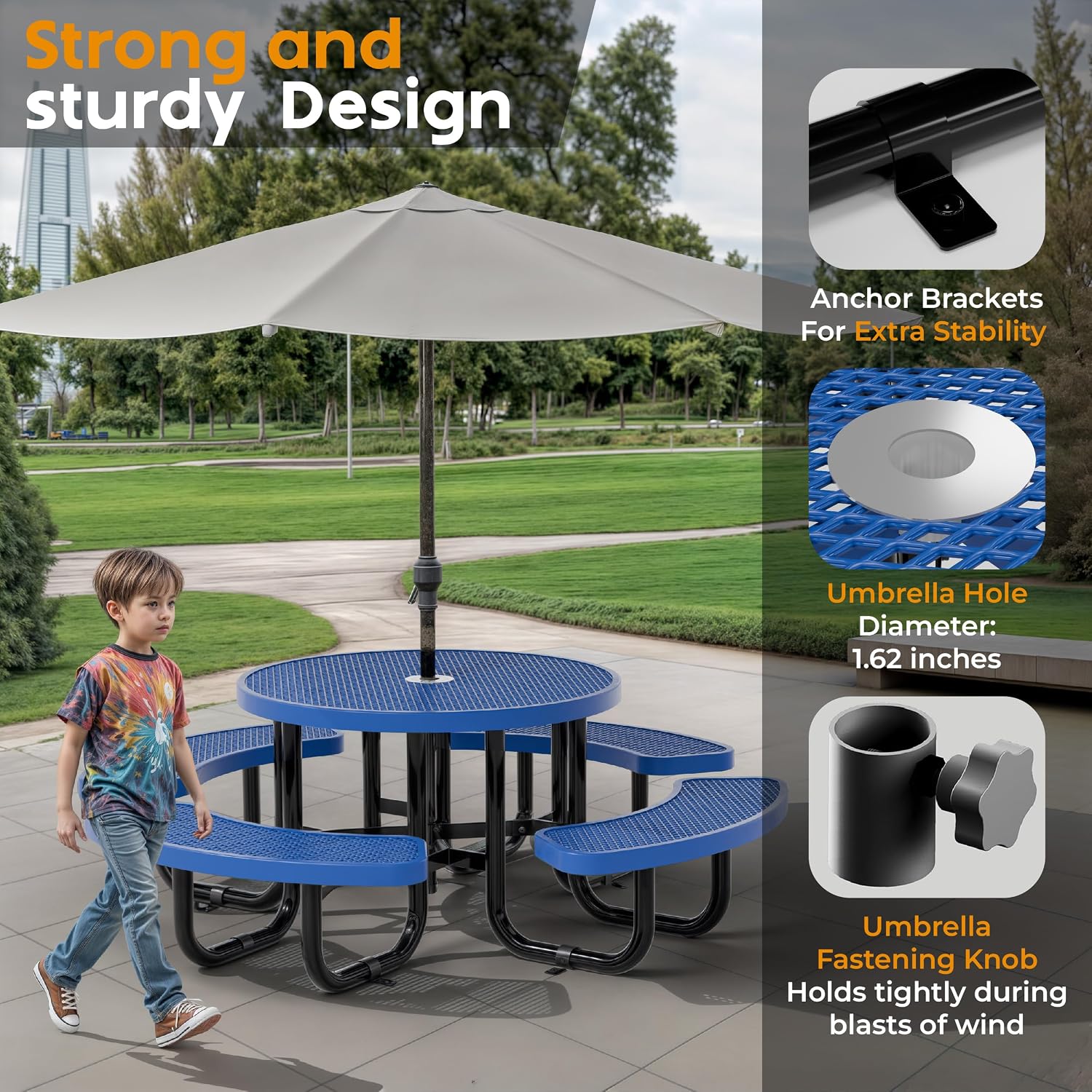 Blue round metal picnic table for kids with umbrella hole and adjustable seating — view 3