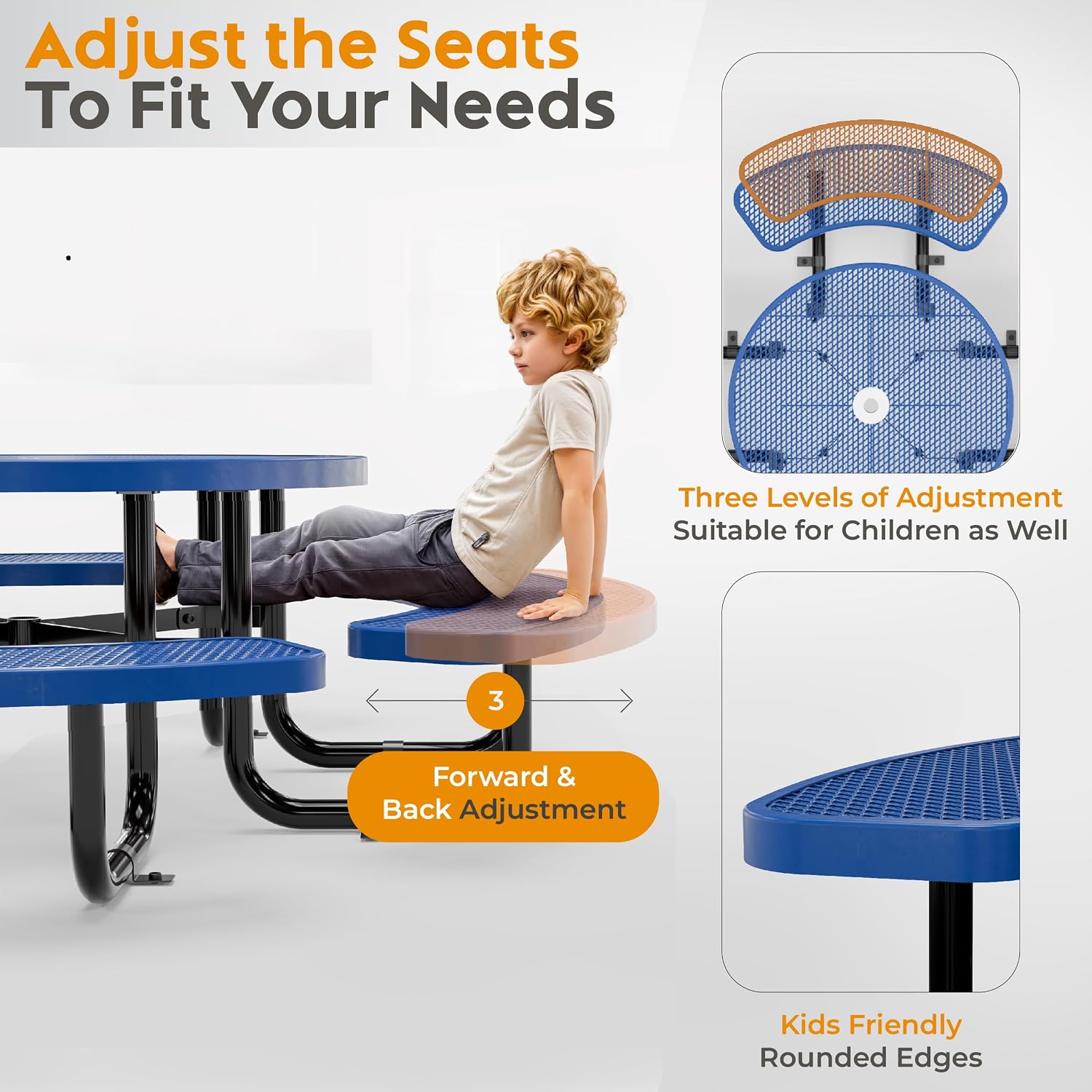 Blue round metal picnic table for kids with umbrella hole and adjustable seating — view 4