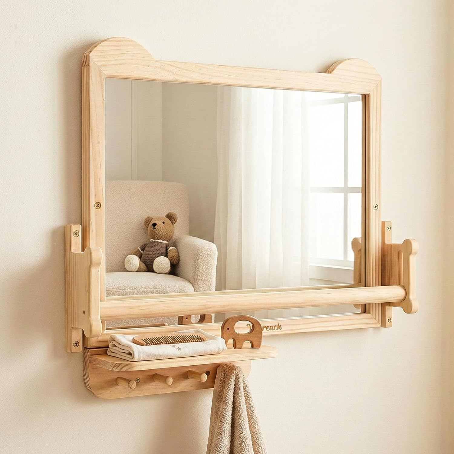 White wall-mounted Montessori baby mirror with adjustable pull-up bar and shelf for tummy time and infant standing training — view 1