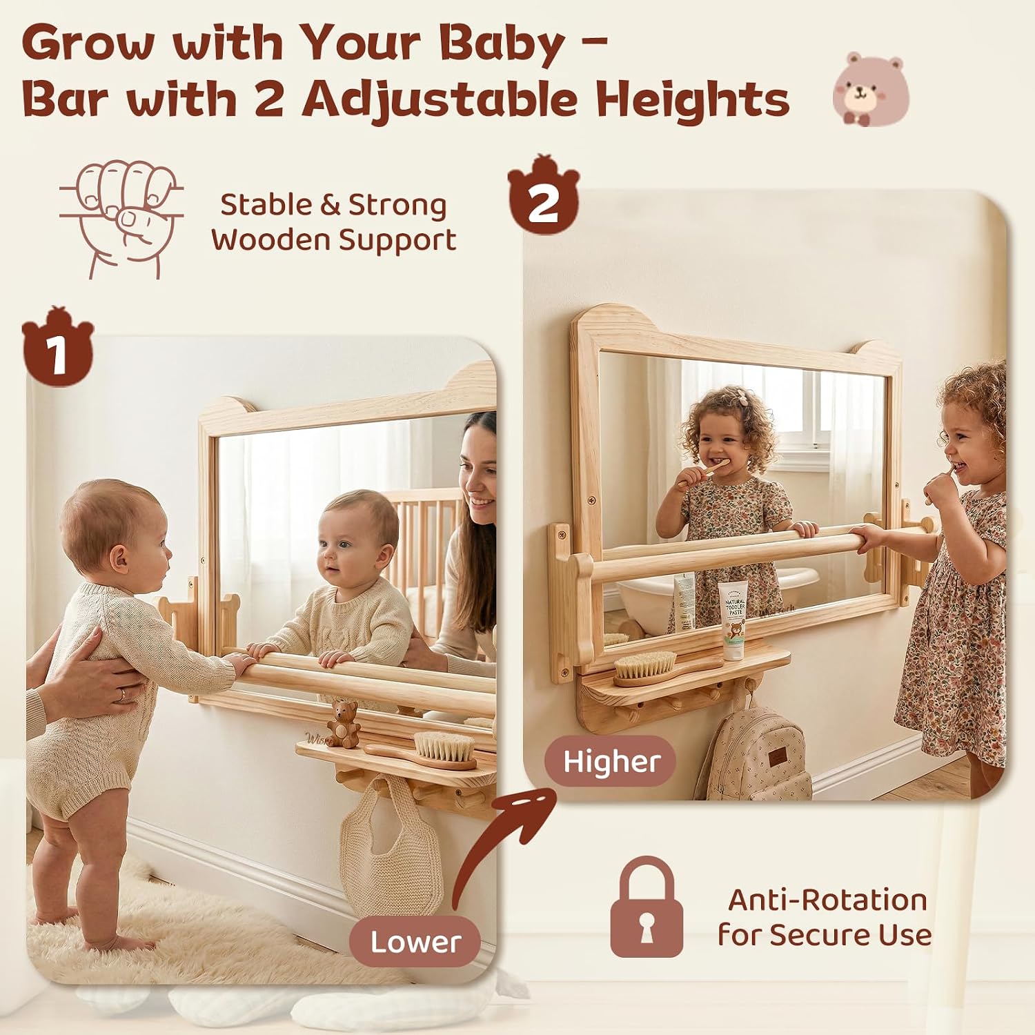 White wall-mounted Montessori baby mirror with adjustable pull-up bar and shelf for tummy time and infant standing training — view 2