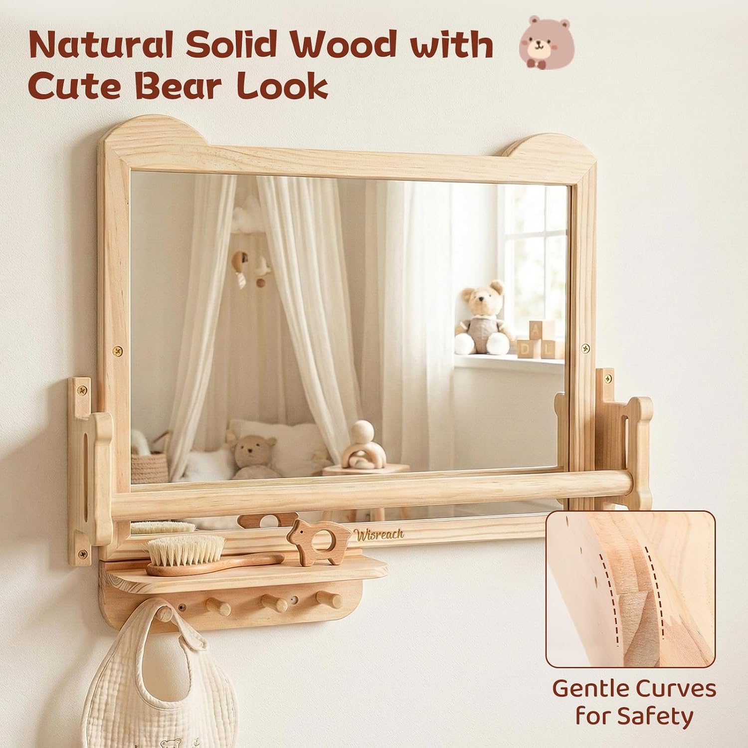 White wall-mounted Montessori baby mirror with adjustable pull-up bar and shelf for tummy time and infant standing training — view 3