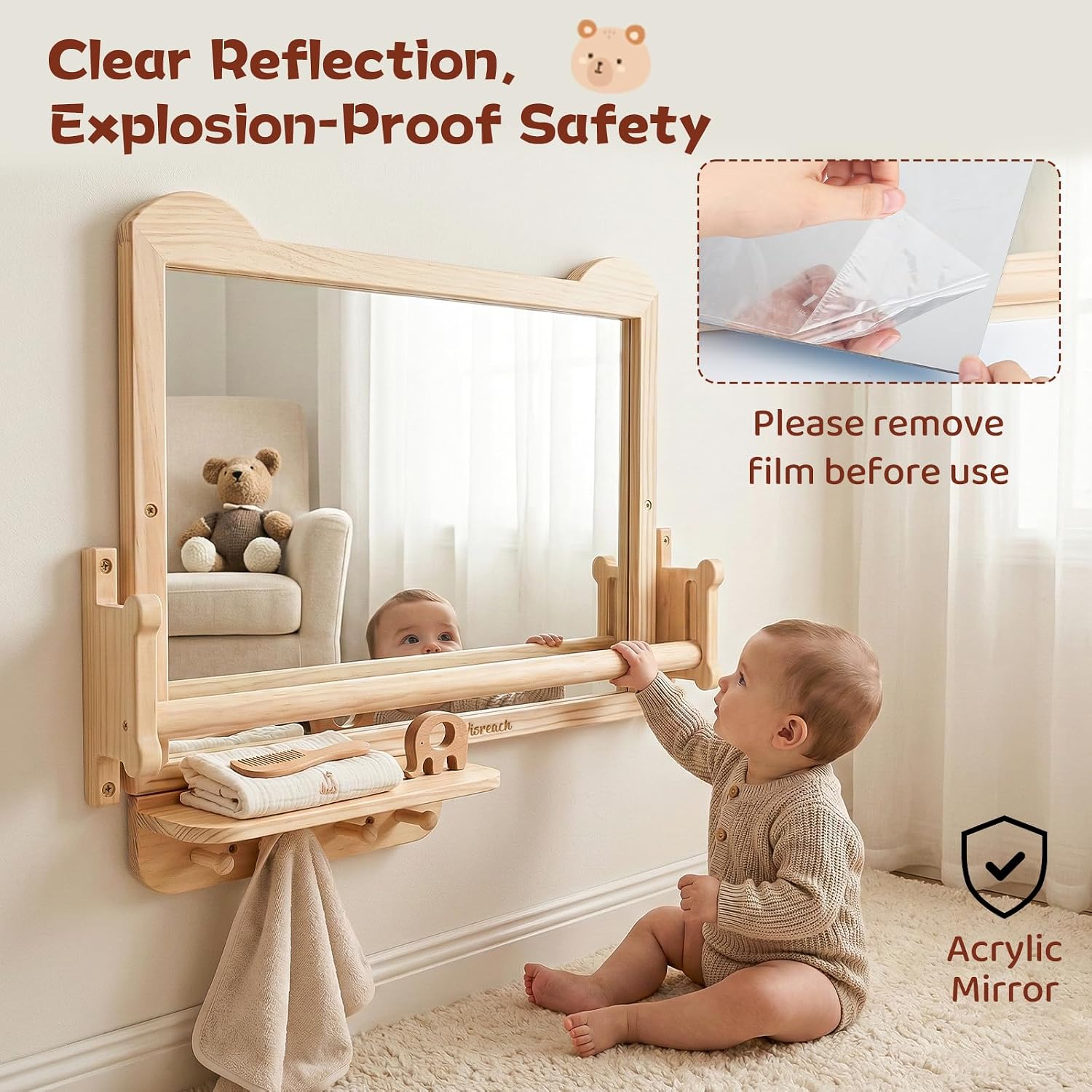 White wall-mounted Montessori baby mirror with adjustable pull-up bar and shelf for tummy time and infant standing training — view 4