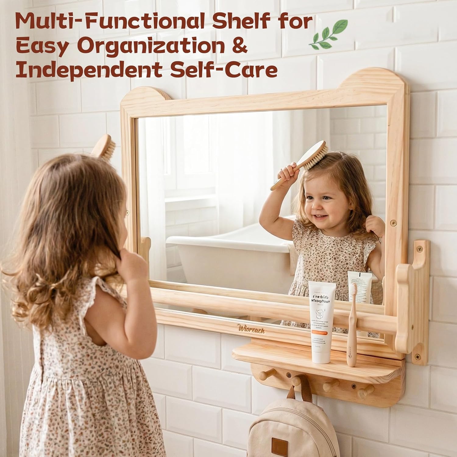 White wall-mounted Montessori baby mirror with adjustable pull-up bar and shelf for tummy time and infant standing training — view 2