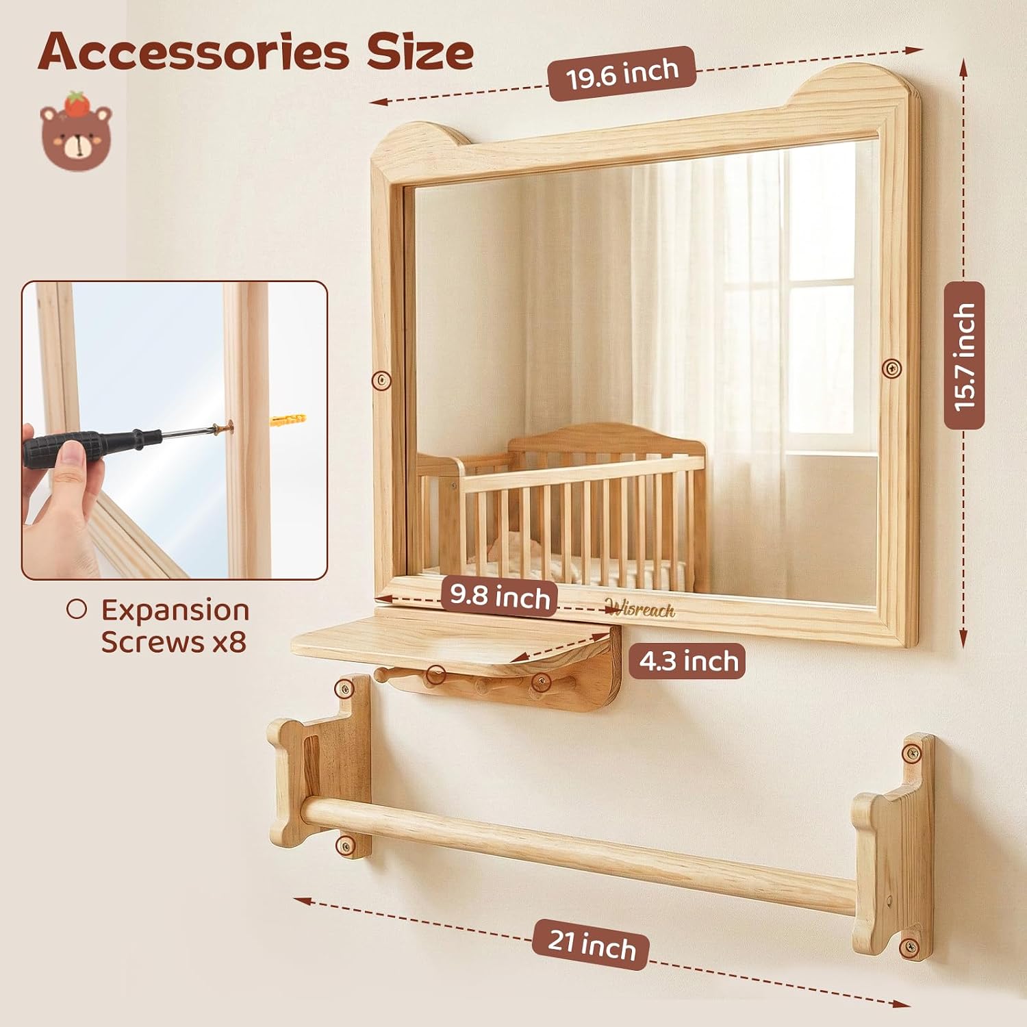 White wall-mounted Montessori baby mirror with adjustable pull-up bar and shelf for tummy time and infant standing training — view 3