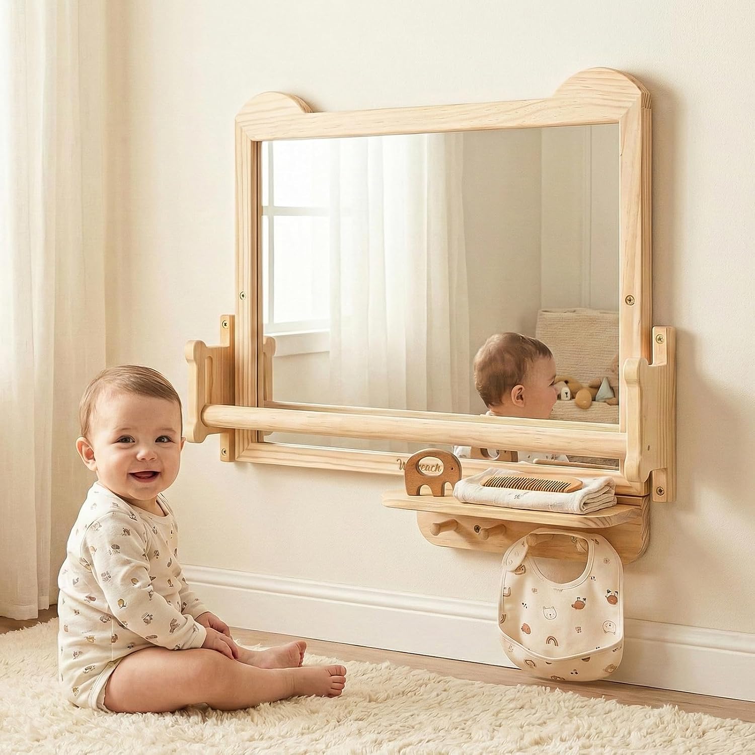 White wall-mounted Montessori baby mirror with adjustable pull-up bar and shelf for tummy time and infant standing training — view 5