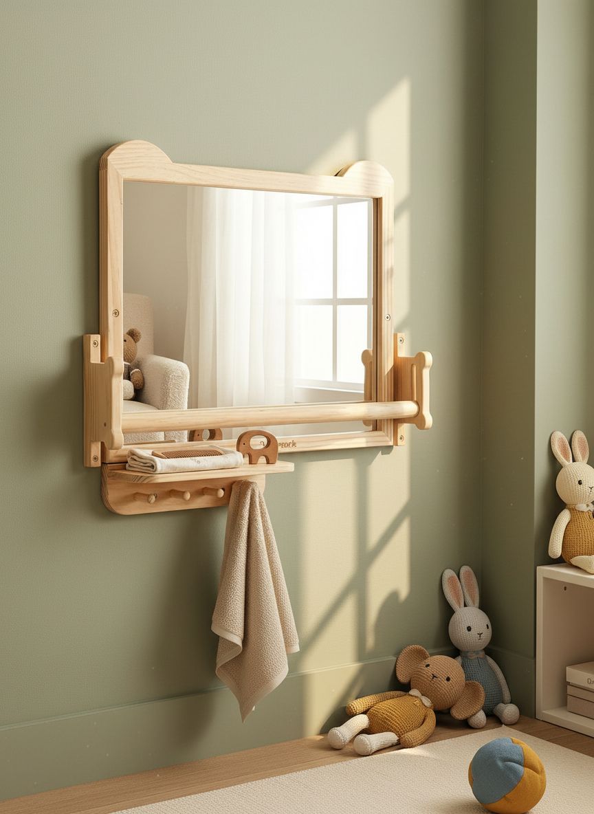 White wall-mounted Montessori baby mirror with adjustable pull-up bar and shelf for tummy time and infant standing training — view 2