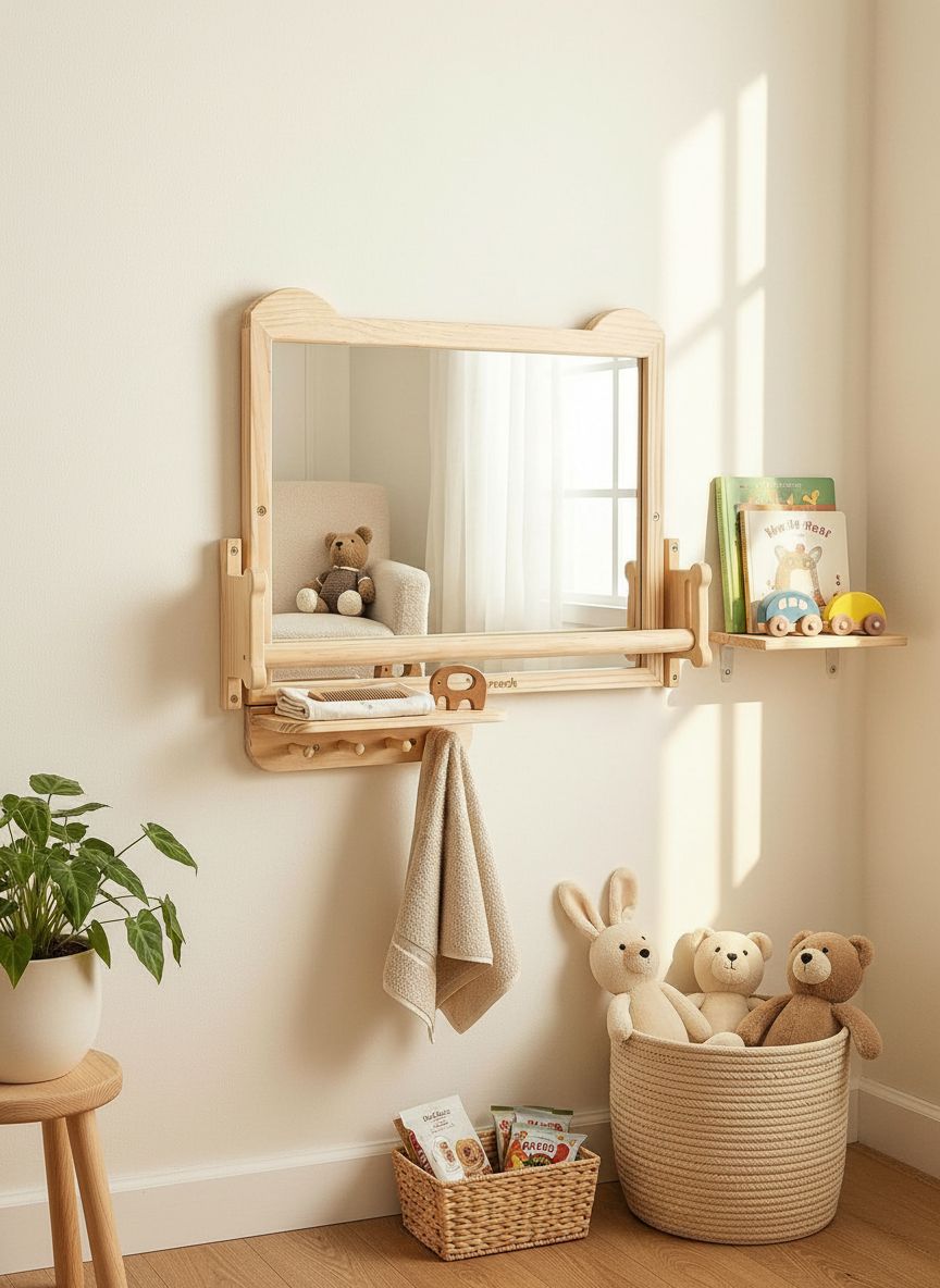 White wall-mounted Montessori baby mirror with adjustable pull-up bar and shelf for tummy time and infant standing training — view 5a