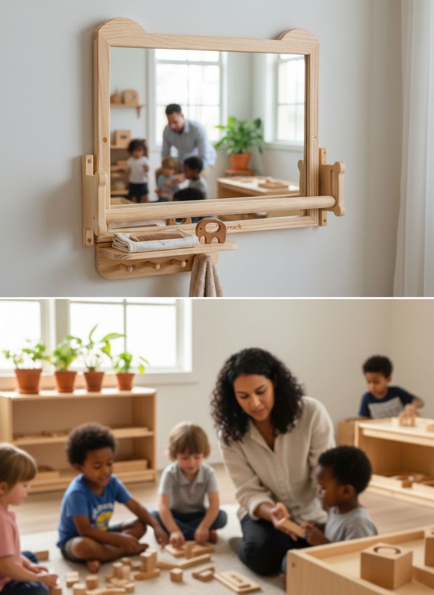 White wall-mounted Montessori baby mirror with adjustable pull-up bar and shelf for tummy time and infant standing training — view 6