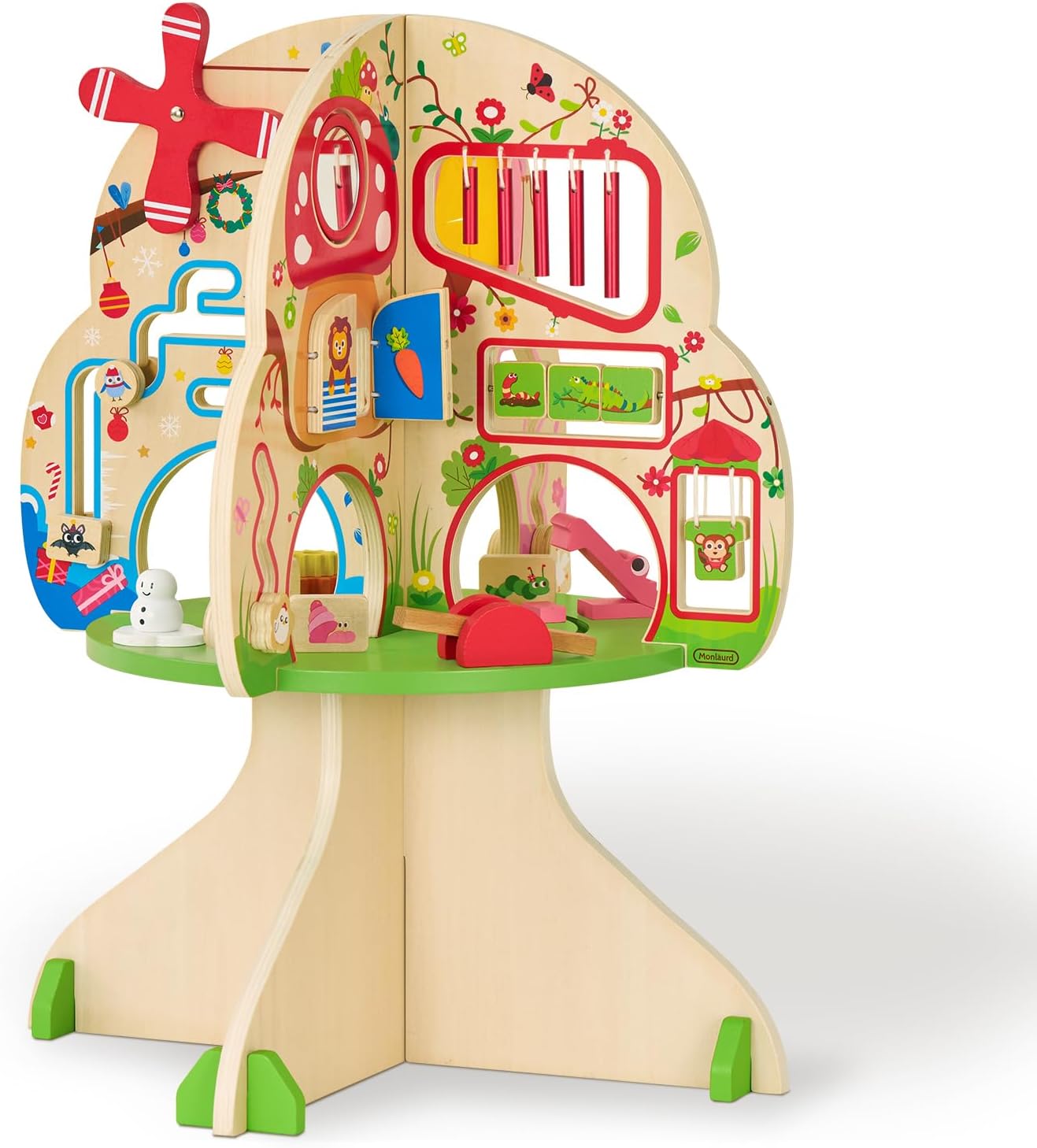Natural wooden activity cube with colorful seasonal learning tiles and tactile sensory elements for toddler fine motor play — view 1