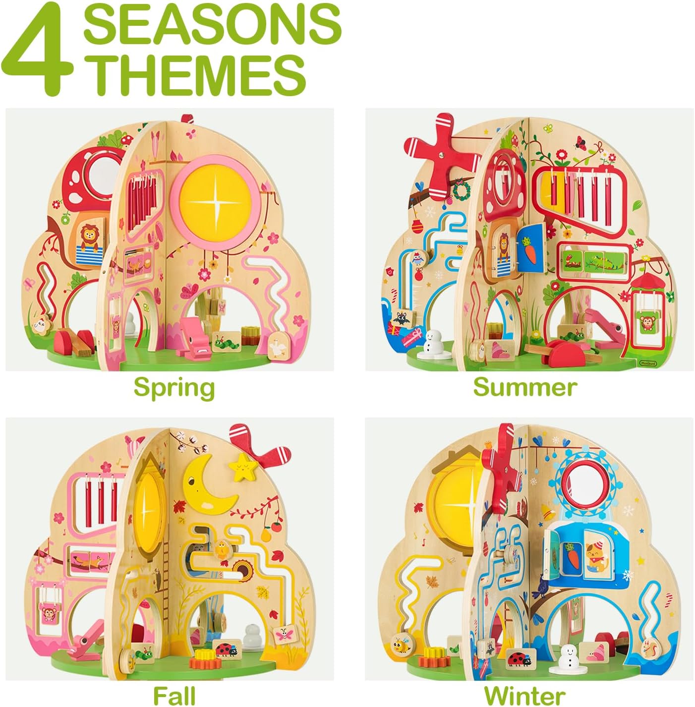 Natural wooden activity cube with colorful seasonal learning tiles and tactile sensory elements for toddler fine motor play — view 3