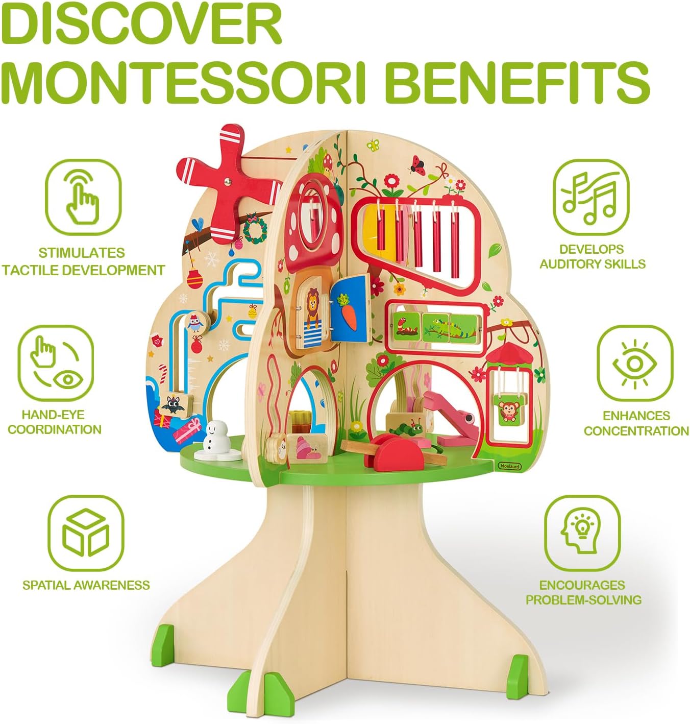 Natural wooden activity cube with colorful seasonal learning tiles and tactile sensory elements for toddler fine motor play — view 4