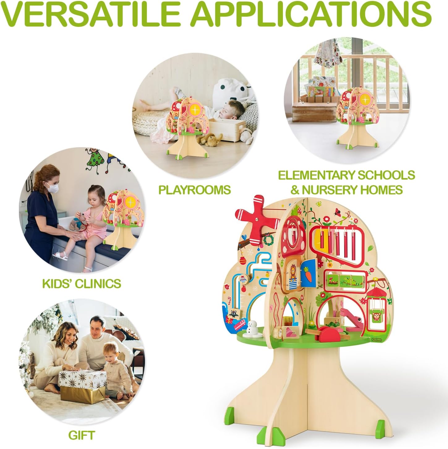 Natural wooden activity cube with colorful seasonal learning tiles and tactile sensory elements for toddler fine motor play — view 2