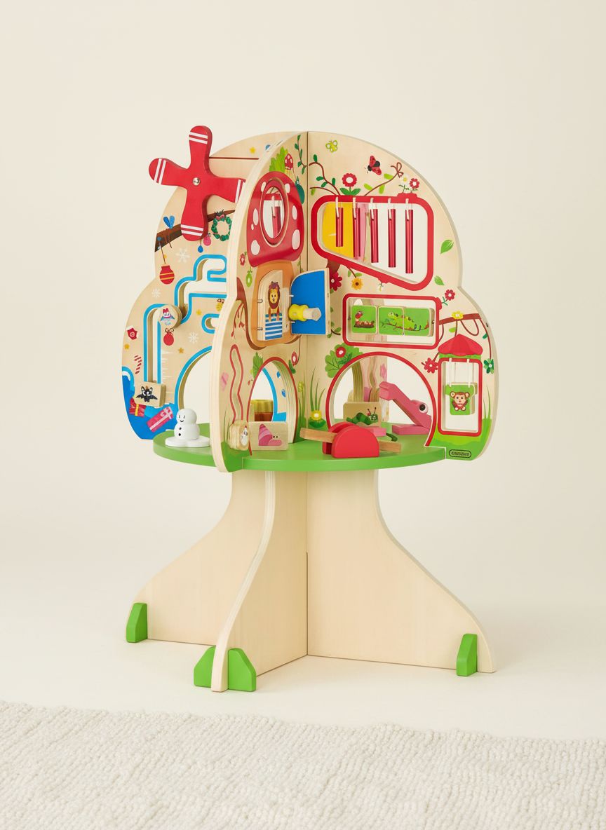 Natural wooden activity cube with colorful seasonal learning tiles and tactile sensory elements for toddler fine motor play — view 1
