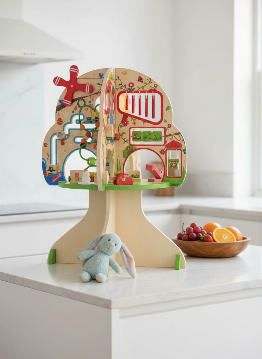 Natural wooden activity cube with colorful seasonal learning tiles and tactile sensory elements for toddler fine motor play — view 3