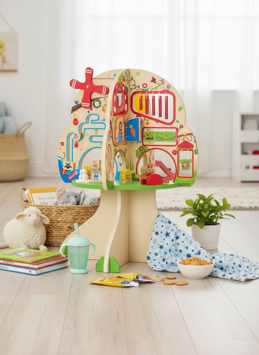 Natural wooden activity cube with colorful seasonal learning tiles and tactile sensory elements for toddler fine motor play — view 4