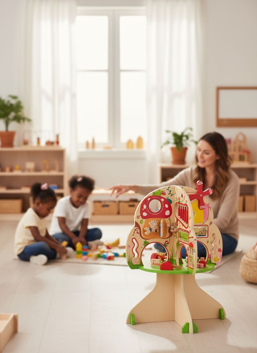 Natural wooden activity cube with colorful seasonal learning tiles and tactile sensory elements for toddler fine motor play — view 2