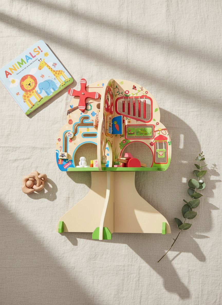 Natural wooden activity cube with colorful seasonal learning tiles and tactile sensory elements for toddler fine motor play — view 6
